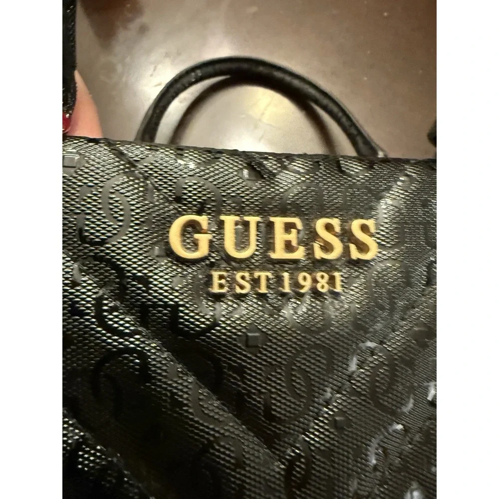 Guess Jania Society Quilted‎ Medium Satchel Crossbody Black Logo Embossed NEW